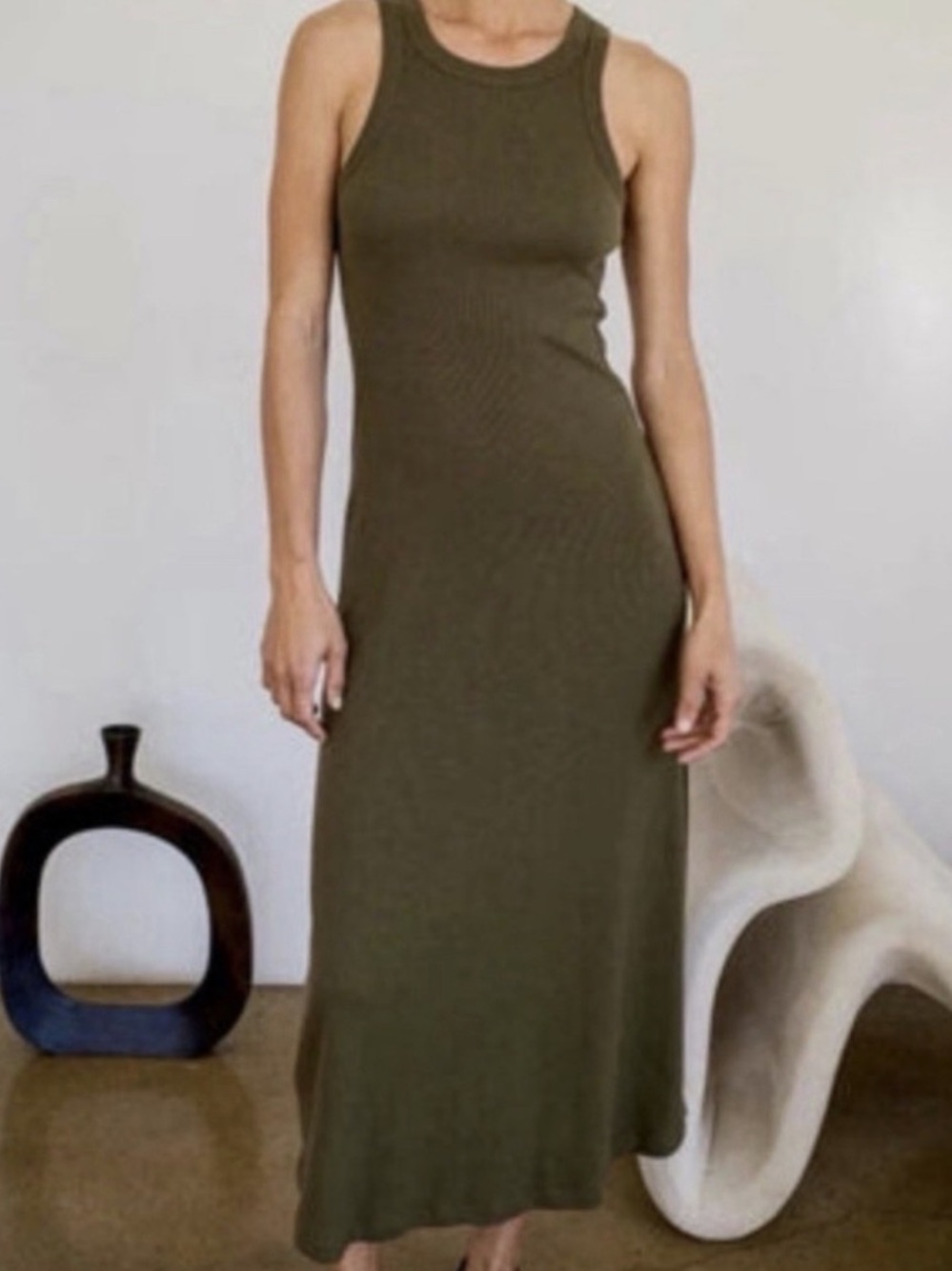 AYR Metro Sleeveless Ribbed Midi Dress - Olive Green